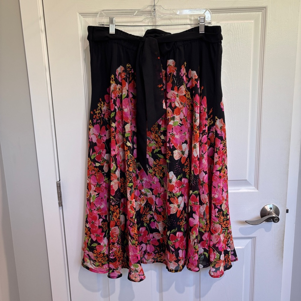 Black and Pink Floral Midi Skirt with Tie Front